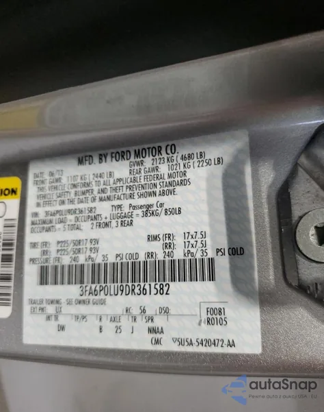 2013 Ford Fusion Se Hybrid из США, поврежденный, VIN 3FA6P0LU9DR361582